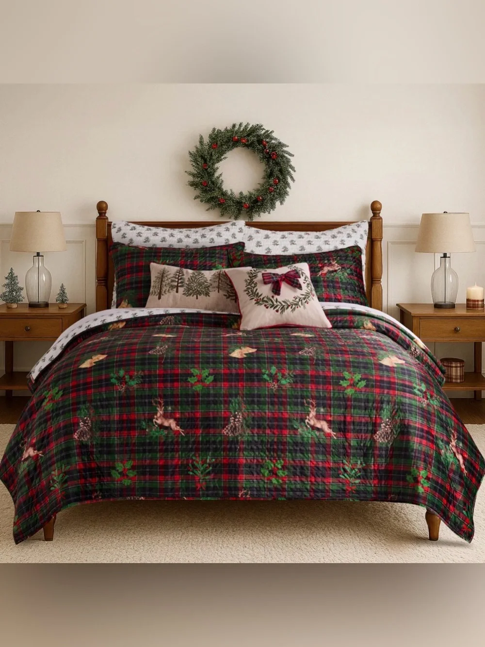 Levtex Beige Holiday Tree Embroidered Lumbar Pillow with Green and Red Accents